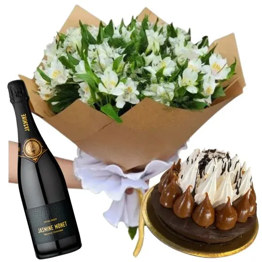 Ramo de flores astromelias blancas con torta y espumante